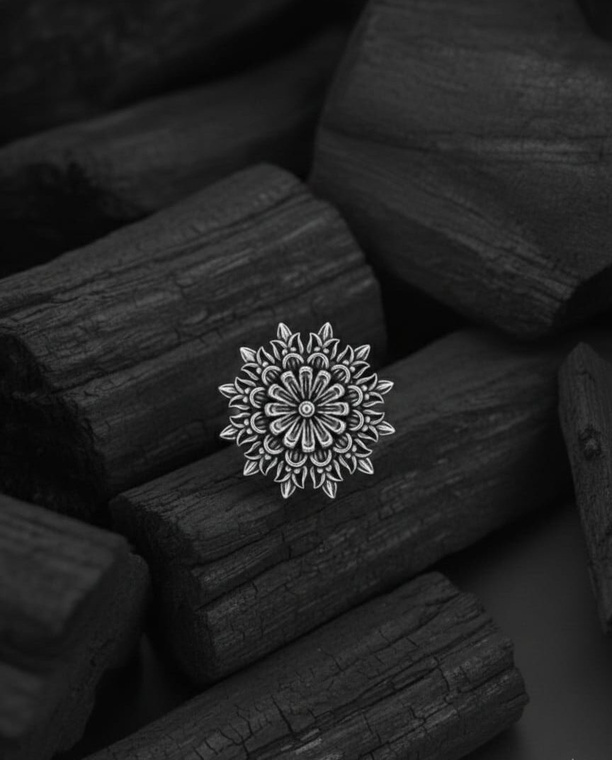 Artificial Oxidised Silver Floral Statement Ring
