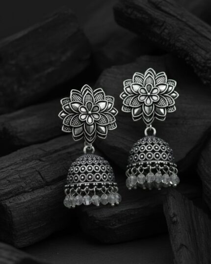 Artificial Oxidised Silver Floral Jhumka Earrings