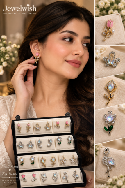 Jewelwish handcrafted floral and crystal earrings collection displayed in a luxury jewelry box