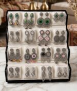 For a pair of earrings: Intricately designed oxidized silver Kashmiri style jhumka earrings