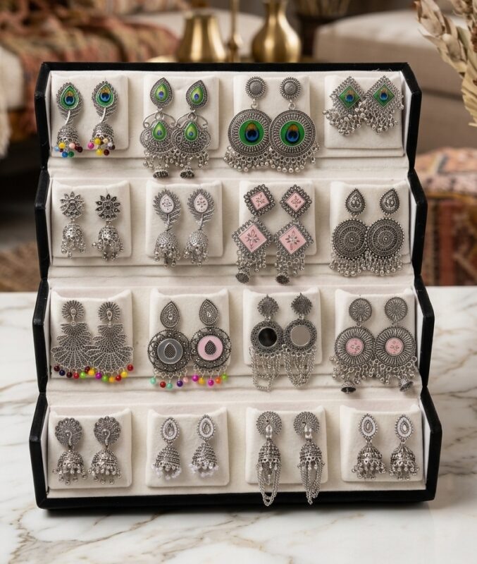 16 Pair handcrafted oxidised silver earrings box combo featuring peacock earrings, jhumkas, floral earrings, mirror earrings, statement earrings, and traditional ethnic jewelry for women by Jewelwish.
