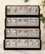12 Pair Premium Korean Earrings Set featuring floral, butterfly, bow, cherry, and pearl stud earrings in gold and silver finishes for women and girls.