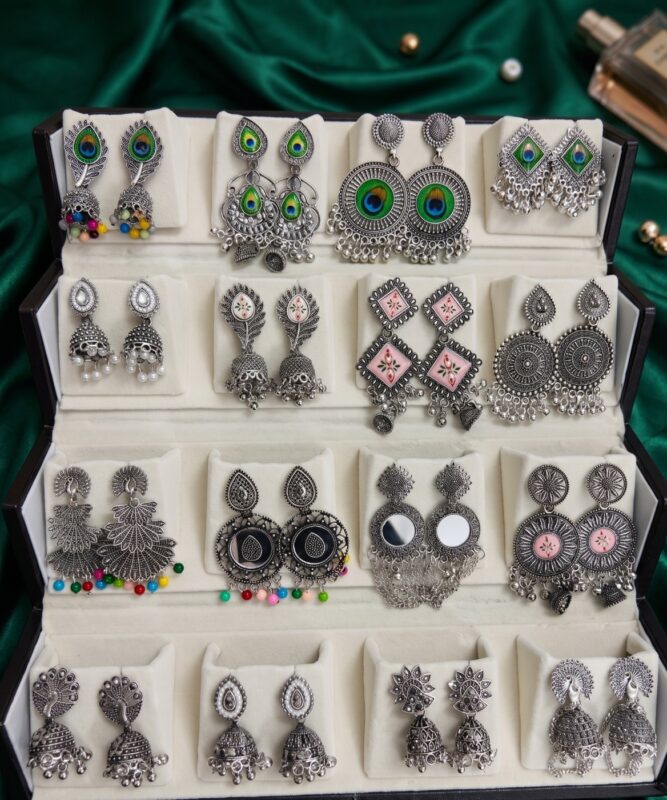16 pair oxidised jhumka earrings box set navratri garba jhumki earrings