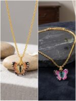 Elegant gold butterfly pendant necklace with colorful butterfly charm, lightweight chain, handcrafted fashion jewelry for women, perfect for daily wear, gifting, and stylish outfits.