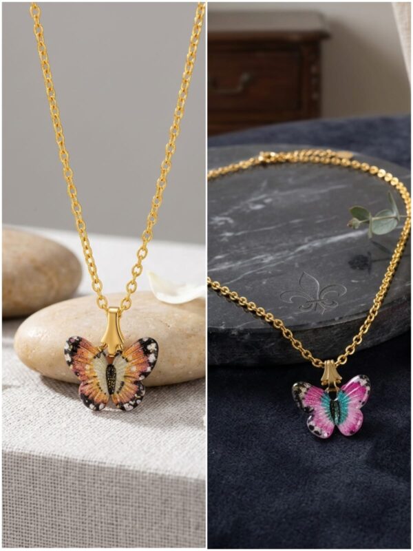 Elegant gold butterfly pendant necklace with colorful butterfly charm, lightweight chain, handcrafted fashion jewelry for women, perfect for daily wear, gifting, and stylish outfits.